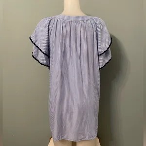 Ann Taylor LOFT Striped Navy and White Women's Blouse with Tassels thumbnail 2