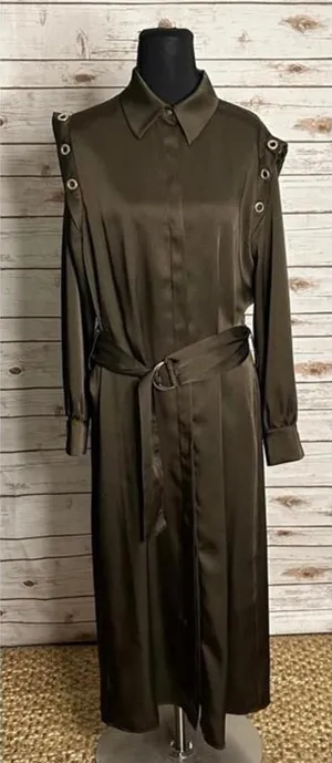 Zara olive green satin grommet detail belted Ring Trim maxi shirtdress Size M thumbnail 1