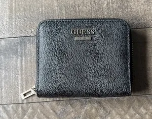 GUESS Women's‎ Zip Around Mini Wallet Coin Purse Card Holder Black Logo thumbnail 1