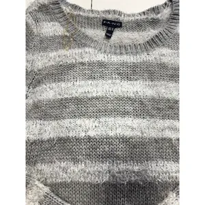 FANG Grey White Striped Fuzzy‎ Knit Crew Neck Sweater Womens Medium Pullover thumbnail 4
