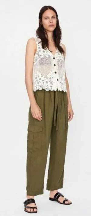 Ivory Linen Blend Floral Crochet Button Front Vest thumbnail 2
