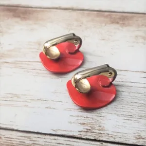 Vintage Clip On Earrings Rounded Pushed in Square Red - Retro Earrings thumbnail 3