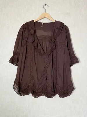Free People Women’s Isn’t She Lovely Tunic Top Sheer Boho in Chocolate Lava M thumbnail 3