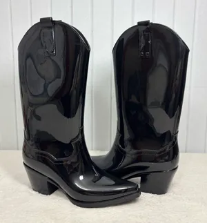 Steve Madden Glossy Tall Black‎ Heeled Rubber Boots Size 7 thumbnail 1