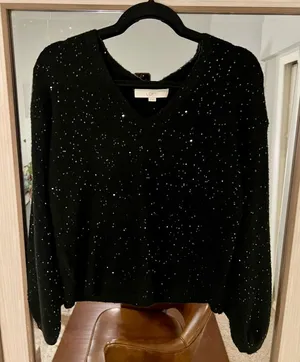 Loft Sequin Double V Sweater Size XS Black Sparkles Holiday Sweater New Years thumbnail 1
