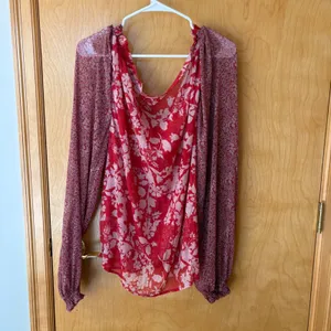 Free People Blouse Women Medium Red Floral Sheer Tassel Balloon Sleeve Top thumbnail 9