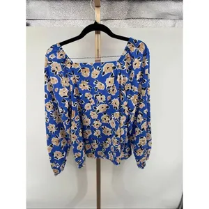 Ann Taylor Floral Square Neck Puff Sleeve Top Womens S Blue Tan Office Bohemian thumbnail 4