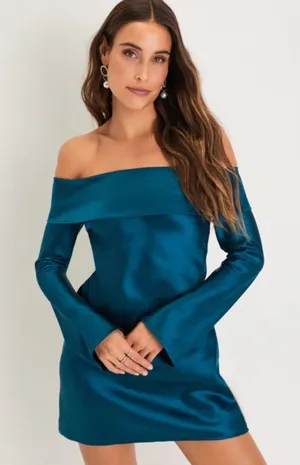 Lulus Luxurious Vision Teal Satin Off-the-Shoulder Mini Dress Size Small thumbnail 1