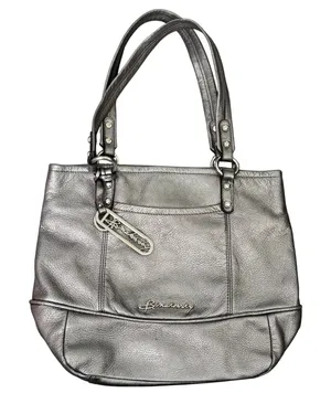 B. Makowsky Metallic Silver Leather Tote‎ Handbag Cheetah Print Lining thumbnail 1
