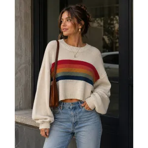 American Eagle Medium Sweater Rainbow Stripe Cropped Balloon Sleeve Oversized thumbnail 3