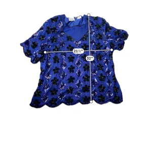 Vintage Stenay Plus Royal Blue Silk Beaded Sequin Floral Evening Blouse Plus XL thumbnail 3
