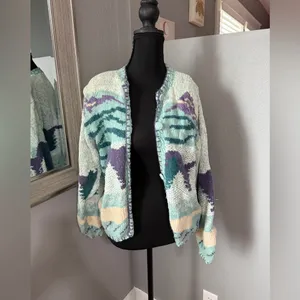 VTG Heirlooms Hand Knit Wool Blend Cottagecore Grannycore Cardigan Large. thumbnail 3