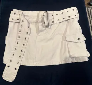 Princess Polly Iconic Cargo Mini Skirt White Denim Belted 2 thumbnail 1