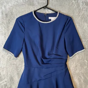 Kay Unger Navy Blue Fit & Flare Dress Elegant Draped Bodice Rhinestone Trim Sz 4 thumbnail 2
