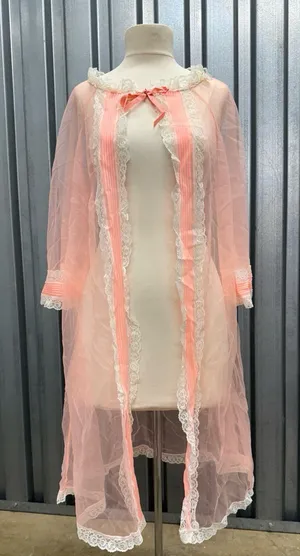 Vintage Lane Bryant Pink Mesh Lace Dressing Gown Cape Robe XS S M thumbnail 1