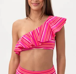 Trina Turk Marai Swim Top One Shoulder Ruffle Pink Striped Padded Beach US 4 NWT thumbnail 1