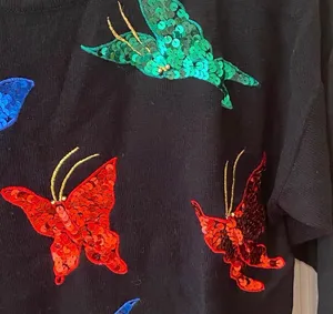 Vintage Sequin Butterfly Sweater Black Red Green Blue M Bling Multicolor thumbnail 4