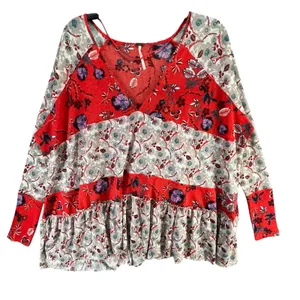 Free People Isabelle Tunic Top Womens XS Red Gray Floral Oversized Boho Feminine thumbnail 5
