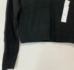 Women’s Cropped V Neck Long Sleeve Knit Sweater Black Size XS NWT thumbnail 3