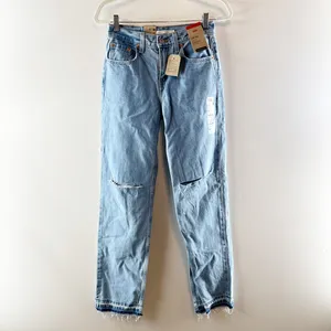 Levi's Low Pro Straight Leg Ripped Knees Released Raw Hem Jeans Blue 24 thumbnail 2