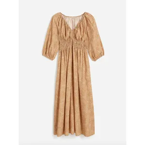 Madewell V Neck Balloon Sleeve Maxi Dress Spiral Dot Tan Smocked Boho US 00 NWT thumbnail 6