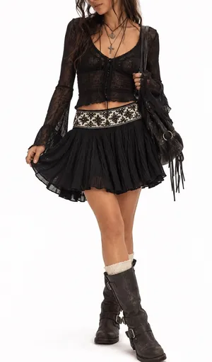 Free People Black Mini Skirt Boho Embroidered Mirror Fairycore Flirty Whimsygoth thumbnail 1