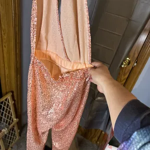 Sparkling Rose Gold Sequin Halter Jumpsuit Pink Size M thumbnail 2