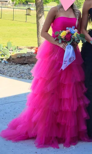 Hot pink strapless prom dress thumbnail 3