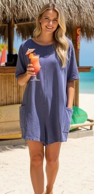 Double Zero Mystical Medium Romper Blue‎ Purple Cotton V-Neck Pocket DZ25C080 thumbnail 1