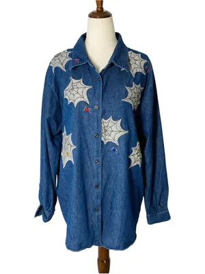 VINTAGE KAREN SCOTT Embroidered Spiderweb Denim Shirt thumbnail 2