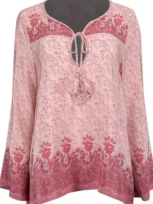 Calypso St Barth Pink floral silk Blouse Tassel Tie Top Floral V Neck Sheer Boho thumbnail 5