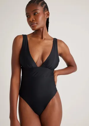 NWT QUINCE- Italian Plunge One-Piece Swimsuit Black Size XL thumbnail 1