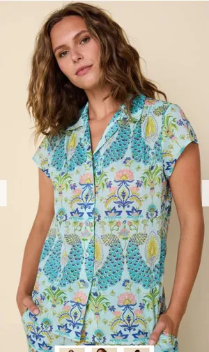 The Cat's Pajamas Peacock Voile 100% Cotton Short Sleeve Women’s Large- TOP ONLY thumbnail 1