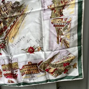 Italian Riviera Inspired Scarf 26x26 Square Cream Green Gold Red Pallet VINTAGE thumbnail 6