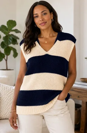 Curl Surf Striped Sweater Vest Chunky Knit V-Neck Navy Cream Medium NWT thumbnail 1