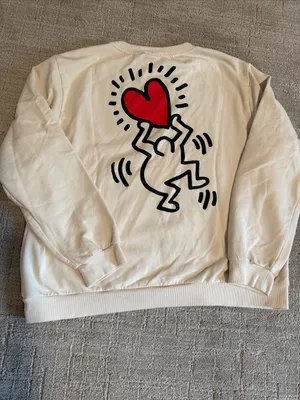 Keith Haring Cream 'LOVE' Heart Graphic Sweatshirt Crewneck Sz XL thumbnail 4