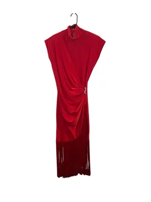 Vintage Fringe Asymmetric Midi Dress Mock Neck Wrap Gathered cocktail dress thumbnail 2