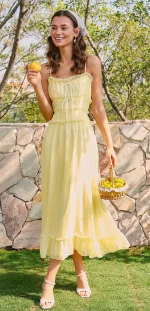 Rihoas Yellow Sweetheart Neck Ruffle Midi Dress thumbnail 1