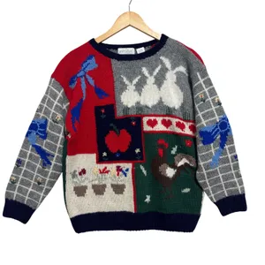 Lord & Taylor Shetland Wool Angora Sweater 80s Vtg Patchwork Farmhouse Twee M thumbnail 1