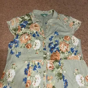 April Cornell Floral Maxi Button Front Short Sleeve Modest Green Dress Large thumbnail 3