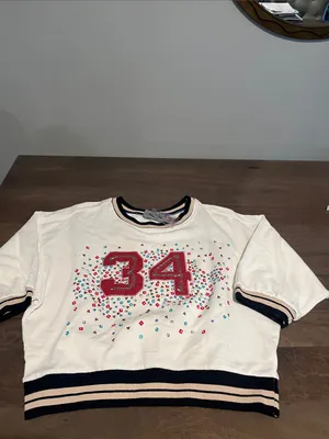 Anthropologie Cream Short-Sleeve Sweatshirt with Red '34' Graphic Sz S/P NWT thumbnail 2