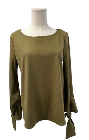 Ann Taylor Long Sleeve Tie Sleeve‎ Blouse Green Round Neck Womens Medium thumbnail 1