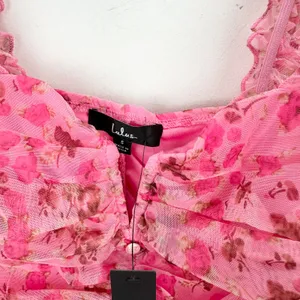 Lulus Flirtatious Sweetness Hot Pink Floral Ruched Ruffled Tank Top Small NWT thumbnail 6