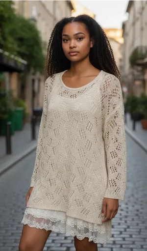 Altar'd State Cream Crochet Tunic Sweater/Mini Dress, size M/L thumbnail 1