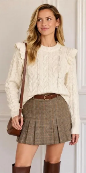 Frame Sofia Cable Knit Ruffle Sweater Beige XS thumbnail 1