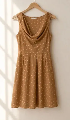 Promod Polka Dot A-Line Dress US 2 UK 6 Beige Pink Cowl Neck Sleeveless thumbnail 1