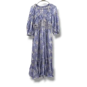 Free People Golden Hour Maxi Dress Women's Small Blue‎ Floral Boho Smocked thumbnail 3