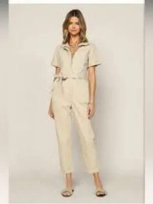 Skies Are Blue Short-Sleeve Beige Utility Jumpsuit thumbnail 2
