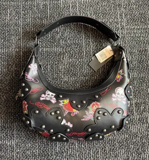 Ed Hardy Tattoo Print Hobo Bag Black Studded Love Kills Slowly Cross Charm NWT thumbnail 1