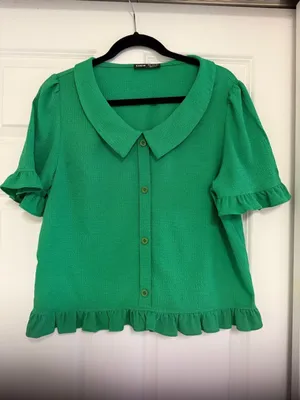 SHEIN Clasi Elegant Women V-Neck Blouse With Ruffle Trim Short Sleeve Top Sz XL thumbnail 4